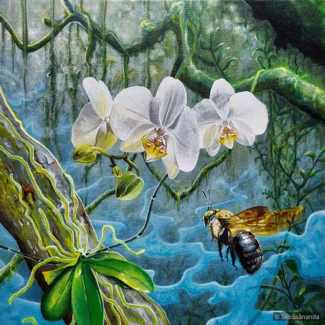 Symbiotic systems: Acrylic painting of white orchids and a bee on a mossy branch with blue mist background by Sēbāsānanda