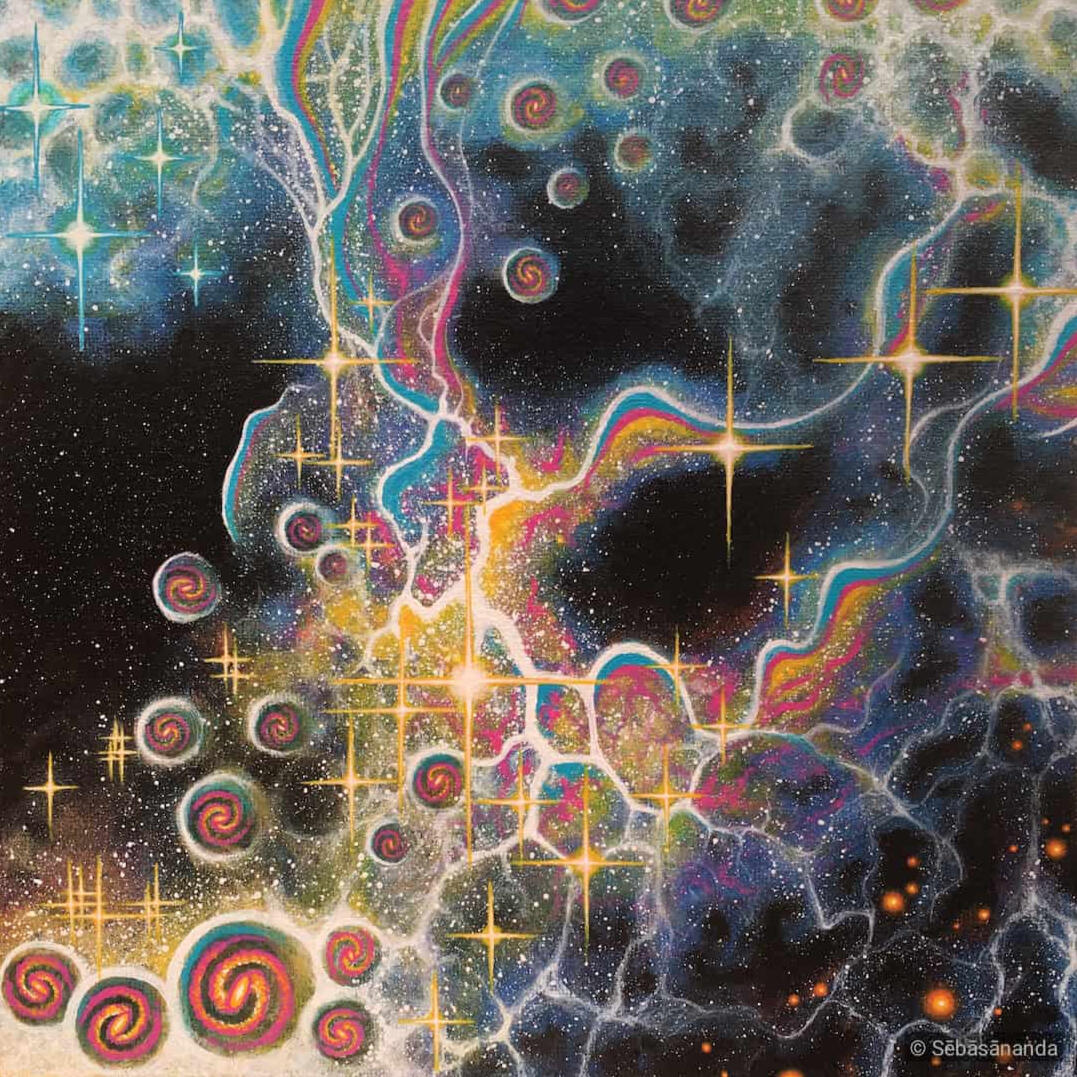 Observatorium: Psychedelic acrylic painting of colorful energy streams and swirls with stars and cosmic bubbles, spiral galaxy by Sēbāsānanda