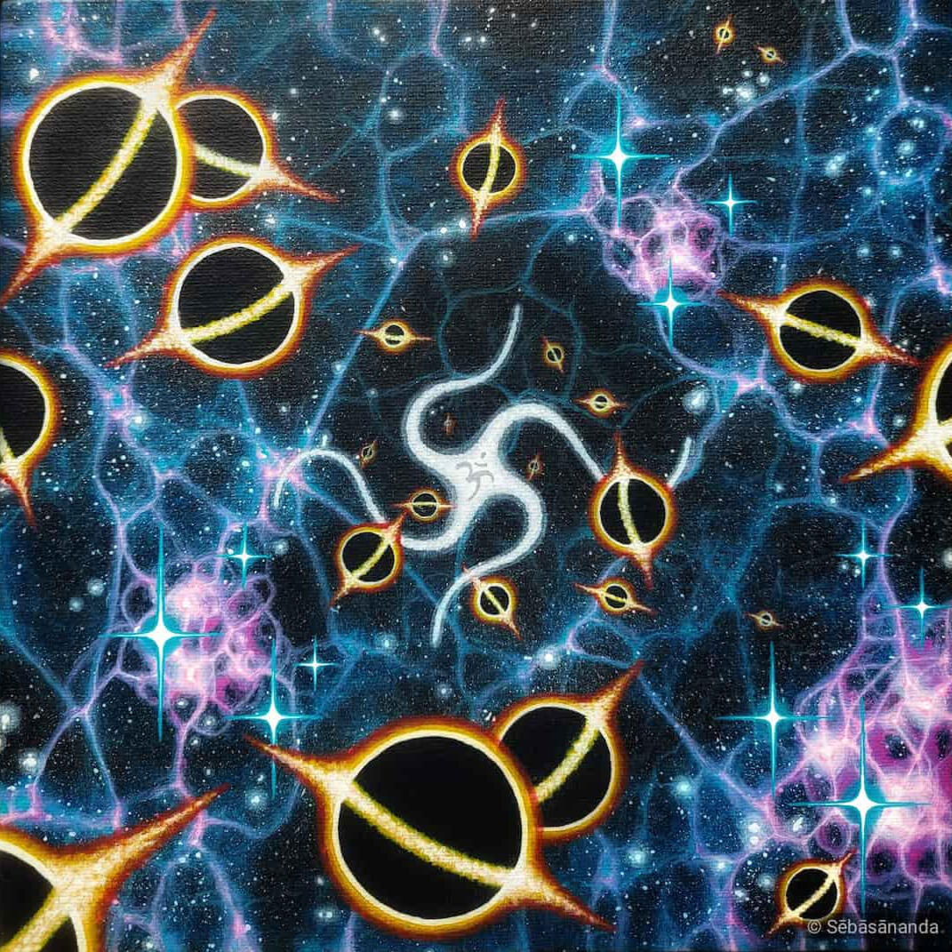 PranaPulse: Surreal acrylic painting of black hole planets and golden rings in a blue cosmic web with stars by Sēbāsānanda